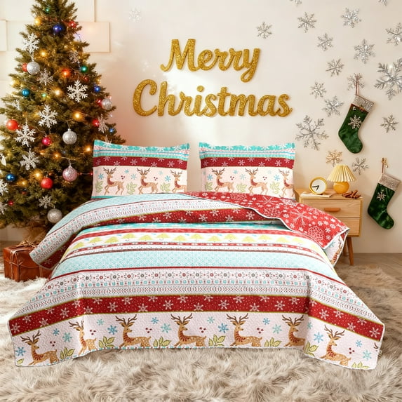 Jessy Home Christmas Quilt Set King Size Rustic Holiday Bedding Set Red Blue Deer Cabin Lodge Quilt Lightweight Soft Microfiber Xmas Bedspread Coverlet Christmas Gift with 2 Pillowcases
