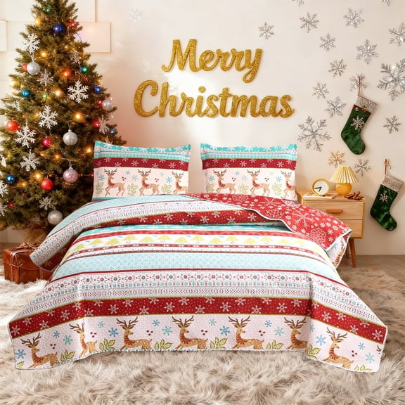 Jessy Home Christmas Quilt Set King Size Rustic Holiday Bedding Set Red Blue Deer Cabin Lodge Quilt Lightweight Soft Microfiber Xmas Bedspread Coverlet with 2 Pillowcases
