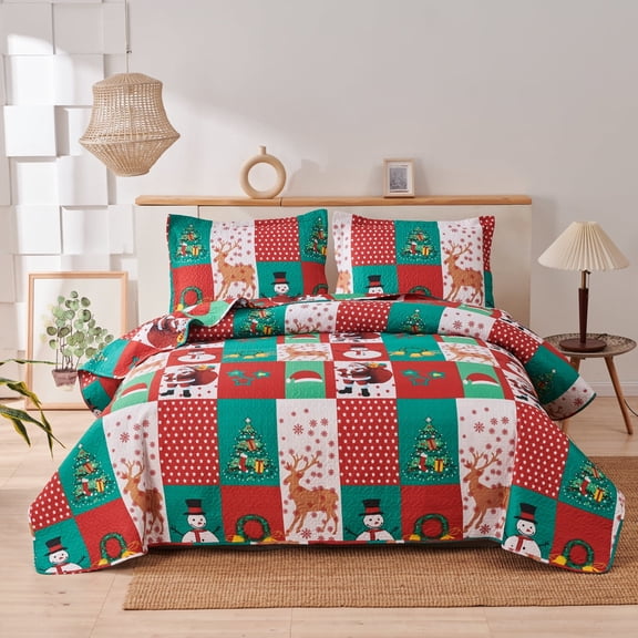 Jessy Home 3-Piece Xmas Patchwork Quilt Set King Size, Santa & Snowman Print Bedding, Lightweight Soft Microfiber Reindeer & Christmas Tree Bedspread,Includes 2 Pillow Shams, Holiday Bedroom Decor