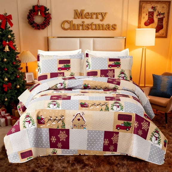 Jessy Home Christmas Quilt Set Queen/Full Size Rustic Holiday Bedding Set Snowman Cabin Lodge Quilt Lightweight Soft Microfiber Xmas Bedspread Coverlet Christmas Gift with 2 Pillowcases