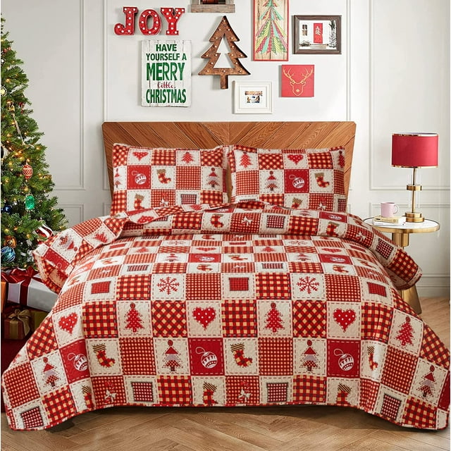 Jessy Home Christmas Plaid Quilt Twin Size Red Bedding Microfiber Bedspread Coverlet Set