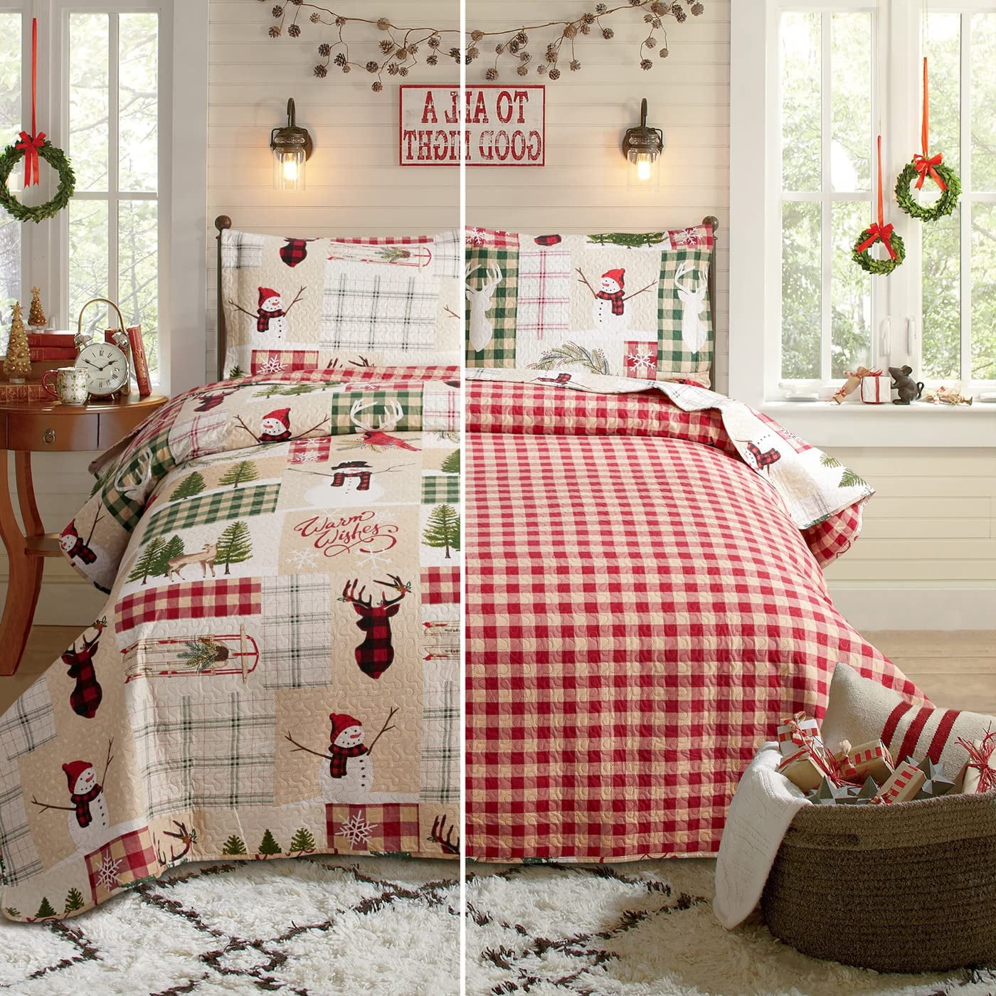 Jessy Home Christmas Snowman Quilt Queen/Full Size Deer Head Bedding ...