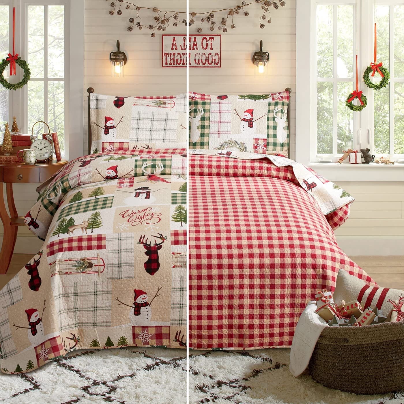 Jessy Home Christmas Quilt Set Queen/Full Size Rustic Holiday Bedding Set Snowman Wish Elk Cabin Lodge Quilt Lightweight Soft Microfiber Xmas Bedspread Coverlet Christmas Gift with 2 Pillowcases