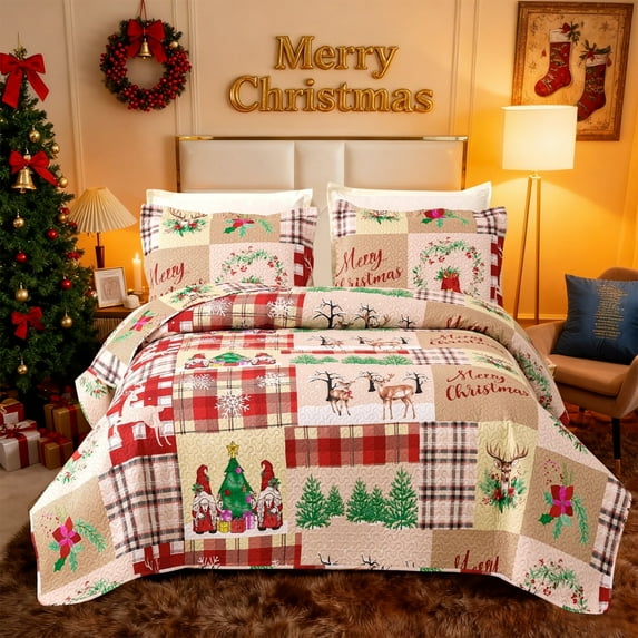 Jessy Home Christmas Quilt Set Queen/Full Size Rustic Holiday Bedding Set Elf Moose Tree Cabin Lodge Quilt Lightweight Soft Microfiber Xmas Bedspread Coverlet Christmas Gift with 2 Pillowcases