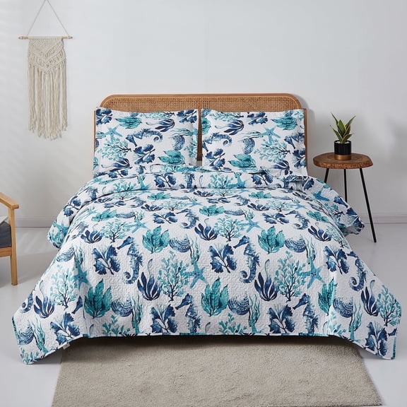 Jessy Home Coastal Quilt King Blue Ocean Beach Bedspread Set Microfiber Bedding Set