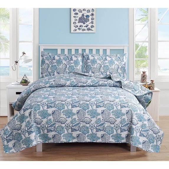 Jessy Home Coastal Quilt Queen Blue White Ocean Bedding Microfiber Bedspread Coverlet Set