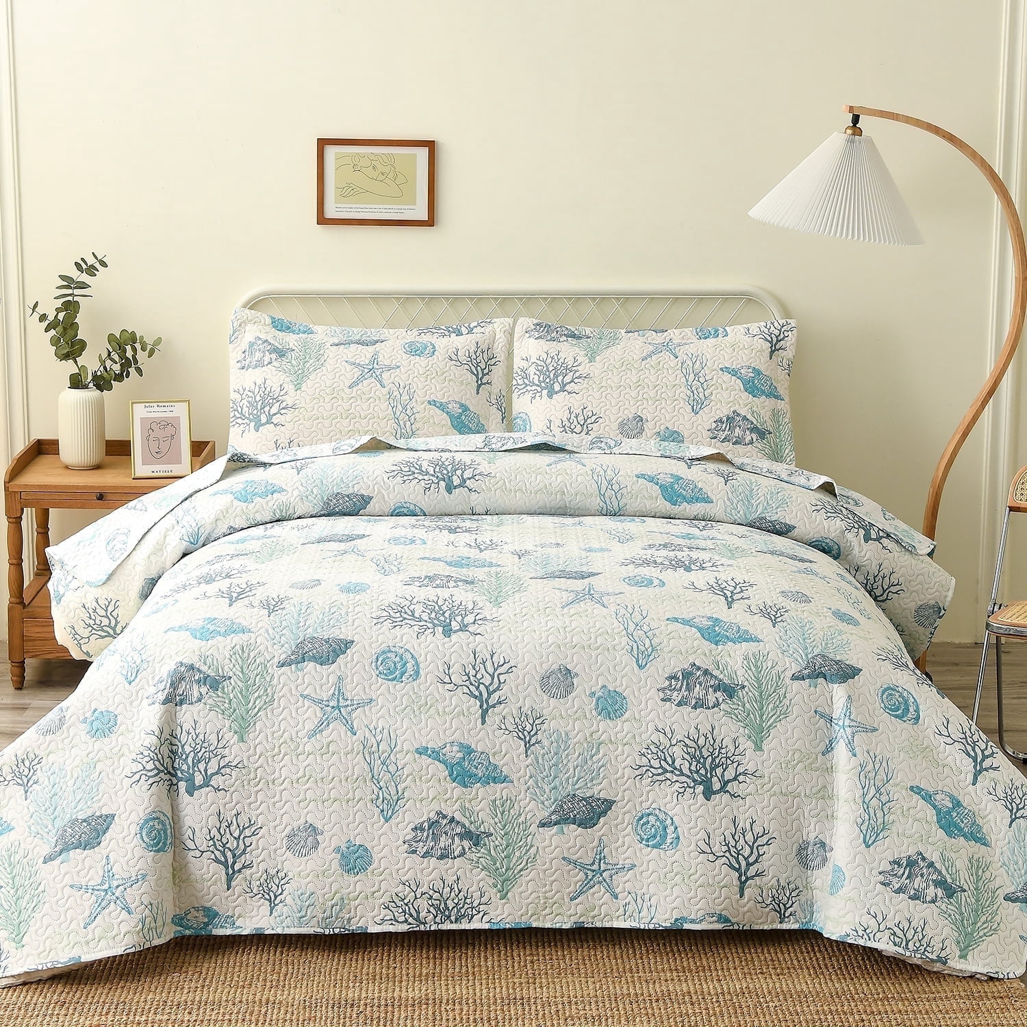 Jessy Home Coastal Quilt Queen/Full Blue Beach Ocean Bedding Microfiber Bedspread Coverlet