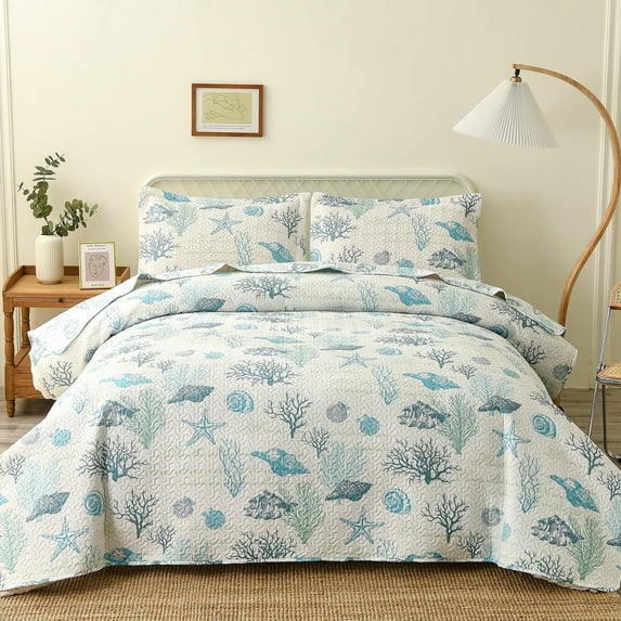 Jessy Home Coastal Quilt Queen/Full Blue Beach Ocean Bedding Microfiber Bedspread Coverlet