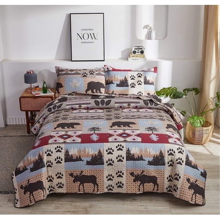 Jessy Home Deer Bear Quilt Queen/Full Size Rustic Lodge Bedding Microfiber Coverlet Set