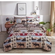 Jessy Home Deer Bear Quilt Queen/Full Size Rustic Lodge Bedding Microfiber Coverlet Set