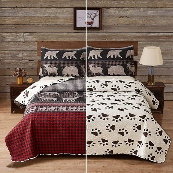 Jessy Home Deer Bear Quilt Twin Rustic Lodge Bedspread Red Black Microfiber Coverlet Set