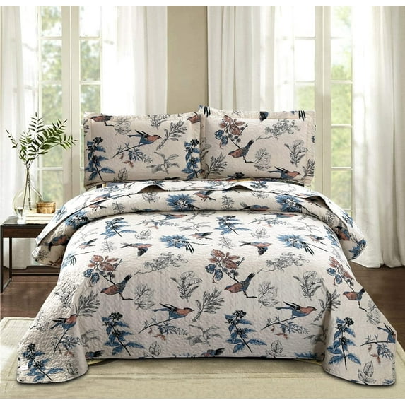 Jessy Home Floral Bedspread King Size Vintage Bird Quilt Microfiber Coverlet Set