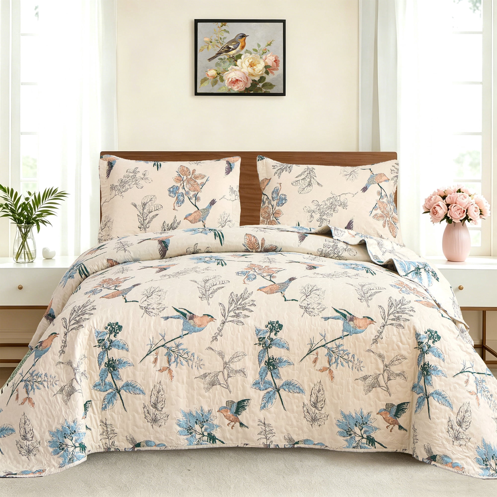 Jessy Home Floral Bedspread Queen/Full Size Vintage Bird Quilt Microfiber Coverlet Set