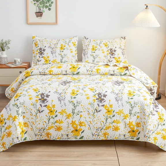 Jessy Home Floral Bedspread Queen/Full Size Vintage Lemon Yellow Floral Quilt Microfiber Coverlet Set