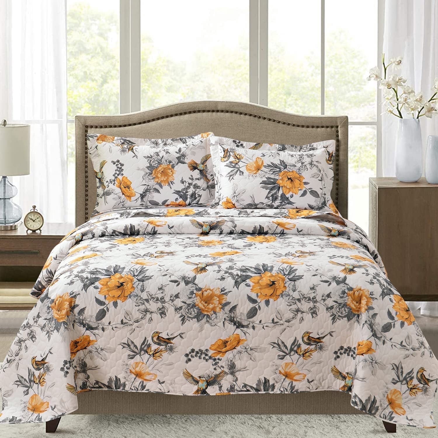 Jessy Home Floral Bedspread Queen/Full Size Vintage Yellow Bird Quilt