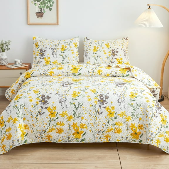 Jessy Home Floral Bedspread Twin Size Vintage Lemon Yellow Floral Quilt Microfiber Coverlet Set