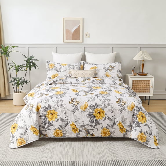 Jessy Home Floral Bedspread Twin Size Vintage Yellow Bird Quilt Microfiber Coverlet Set