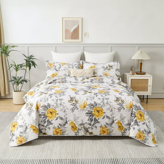 Jessy Home Floral Bedspread Twin Size Vintage Yellow Bird Quilt Microfiber Coverlet Set