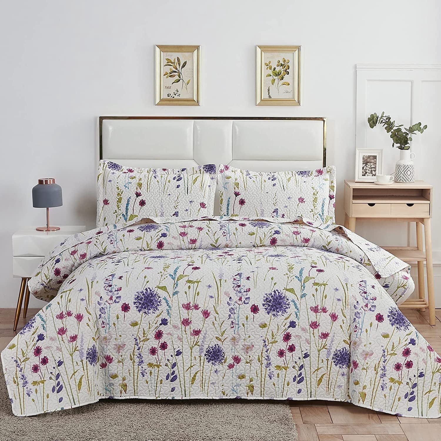 Jessy Home Floral Quilts King Blue Purple Green Flower Bedding Microfiber Bedspread Set