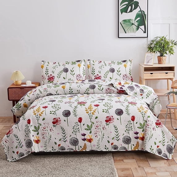 Jessy Home Floral Quilts King Purple Red Green Yellow Flower Bedding Microfiber Bedspread