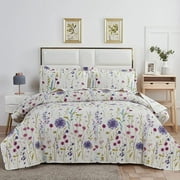Jessy Home Floral Quilts Queen Blue Purple Green Flower Bedding Microfiber Bedspread Set