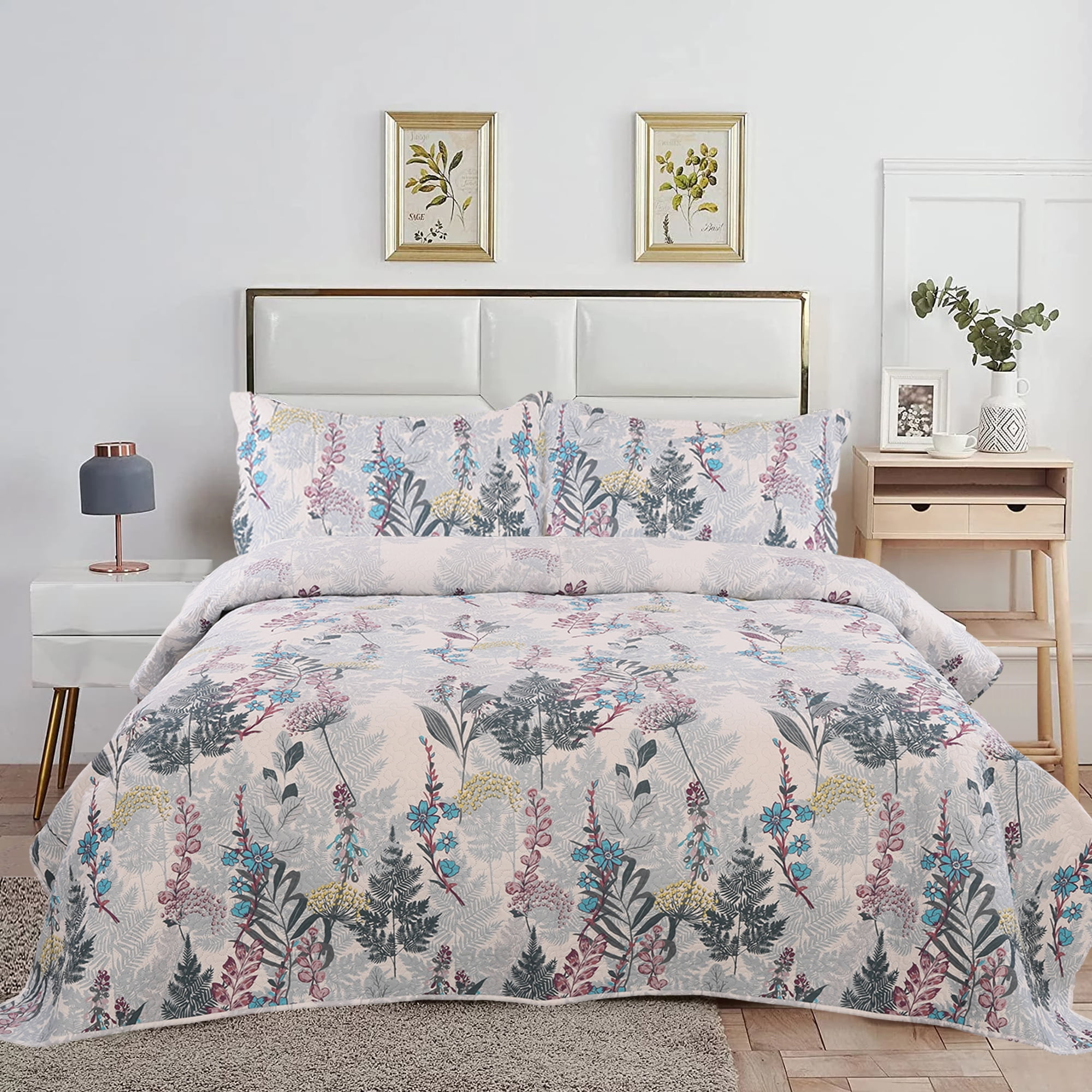 Jessy Home Floral Quilts Queen/Full Size Set Blue Red Green Botanical