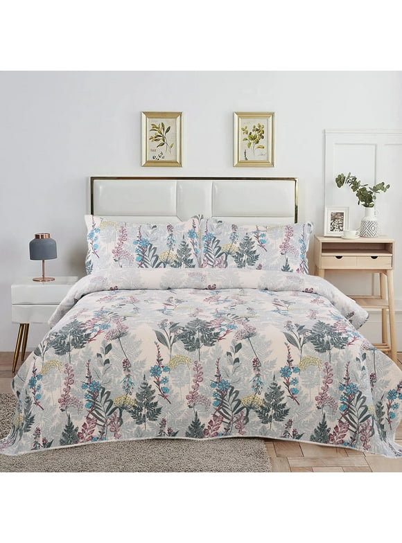 Jessy Home Floral Quilts Queen/Full Size Set Blue Red Green Botanical Bedspreads Coverlet