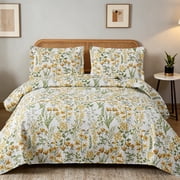 Jessy Home Yellow Green Botanical Floral Quilt Set, Queen/Full Size Lightweight Microfiber, All Season Bedspread Coverlet