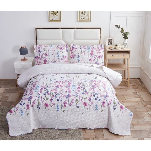 Jessy Home Floral Quilts Twin Size Purple Lilac Flower Bedding Microfiber Bedspread Set