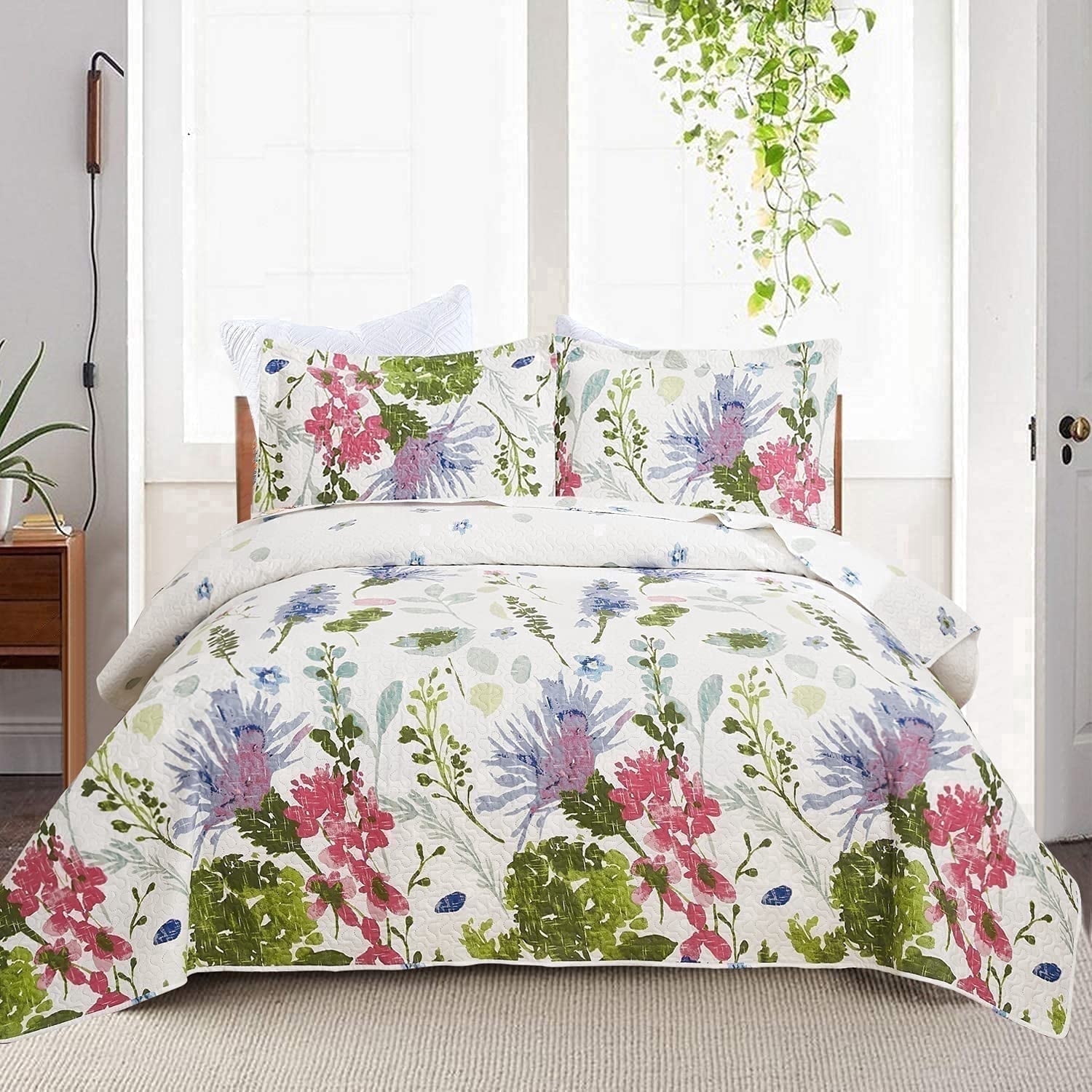 Jessy Home Flower Bedding Queen/Full Green Purple Floral Quilt Microfiber Bedspread