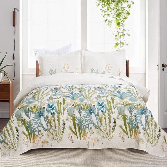 Jessy Home Flower Bedspread Queen/Full Green Leaf Bedding Microfiber Floral Coverlet Set