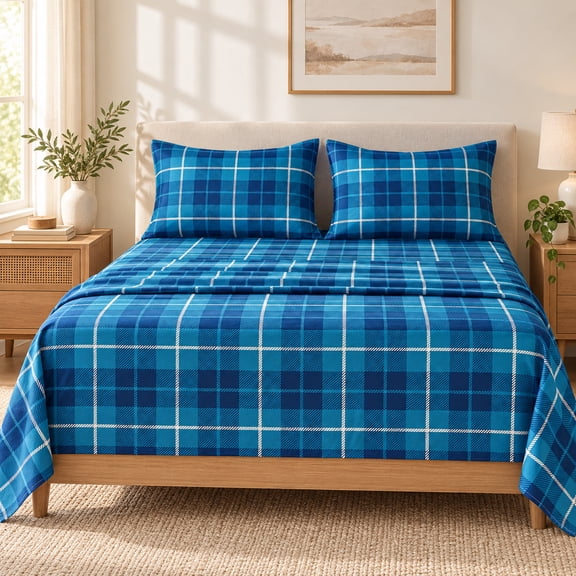 Jessy Home 4 Piece Full/Queen Plaid Bed Sheet Set Soft Breathable Microfiber 14 Inch Deep Pocket Fitted Sheet Wrinkle Resistant Flat Sheet with 2 Pillowcases, Holiday Home Decor, Teal Blue