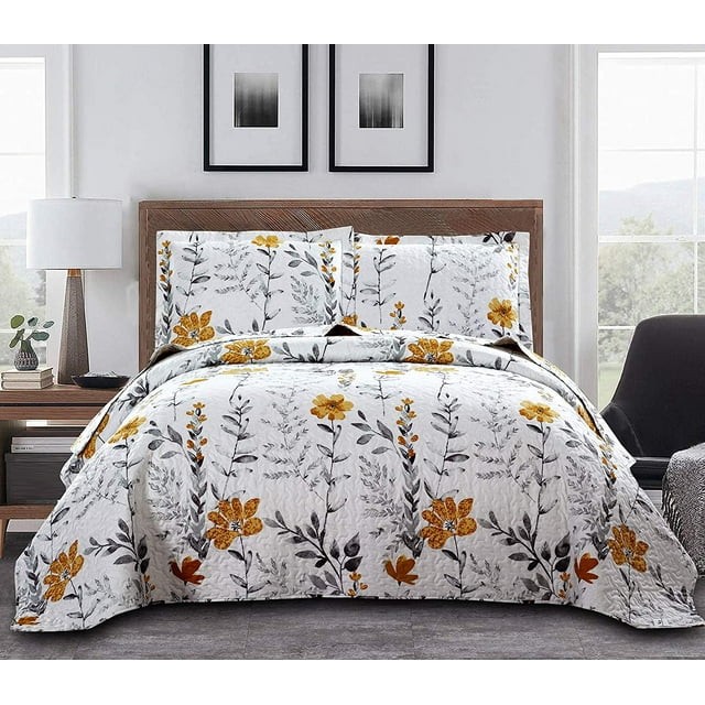 Jessy Home Full Spring Spread Size, Full/Queen Yellow Floral Quilt Bedding Set, Flower Bedspread