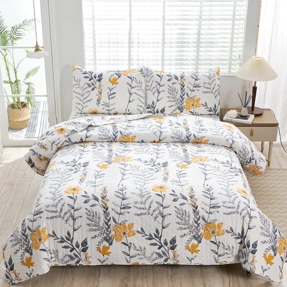 Jessy Home Full/Queen Quilt Yellow Floral Bedding Set Microfiber Bedspread Coverlets for Beds
