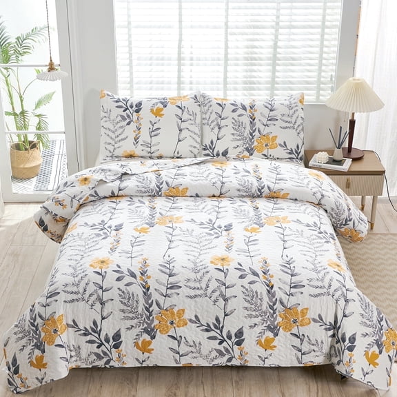 Jessy Home Full/Queen Quilt Yellow Floral Bedding Set Microfiber Bedspread Coverlets for Beds