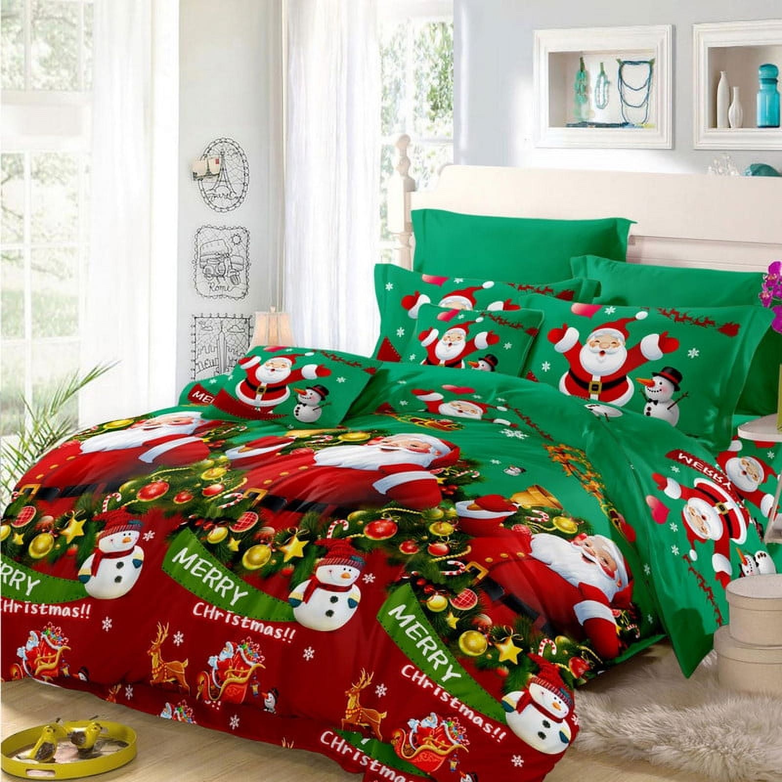 Jessy Home Green Quilt Queen Size Christmas Bedding Microfiber Santa