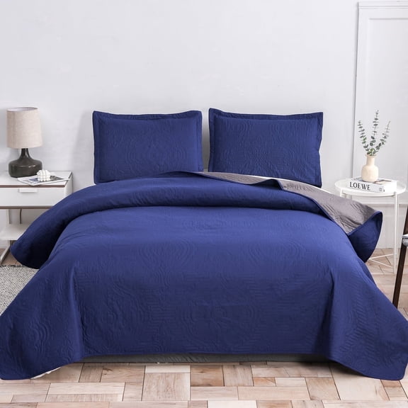 Jessy Home Grey Quilt Bedspread Twin Size Navy Blue Microfiber Bedding Coverlet Set