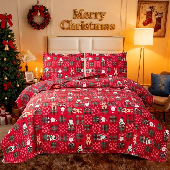 Jessy Home Christmas Quilt Set Queen/Full Size Rustic Holiday Bedding Set Red Snowman Cabin Lodge Quilt Lightweight Soft Microfiber Xmas Bedspread Coverlet with 2 Pillowcases