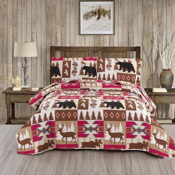 Jessy Home King Brown Deer Black Bear Quilt Rustic Cabin Bedding Microfiber Bedspread