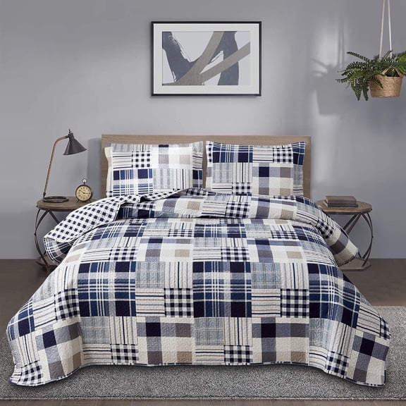 Jessy Home King Plaid Bedspread Buffalo Patchwork Quilt Navy Blue Microfiber Bedding