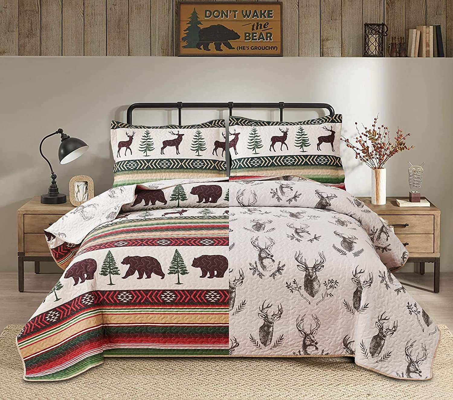 Jessy Home King Quilt Lodge Red Green Brown Deer Bear Quilt Cabin