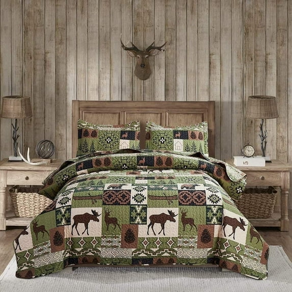 Jessy Home King Rustic Quilt Sets Moose Bear Bedding Green Polyester Bedspread Coverlet