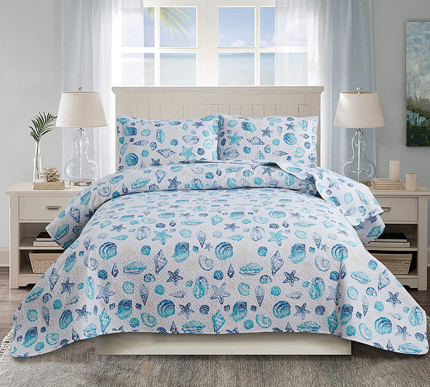 Jessy Home King Size Beach Bedding Blue Starfish Shell Conch Bedspread ...