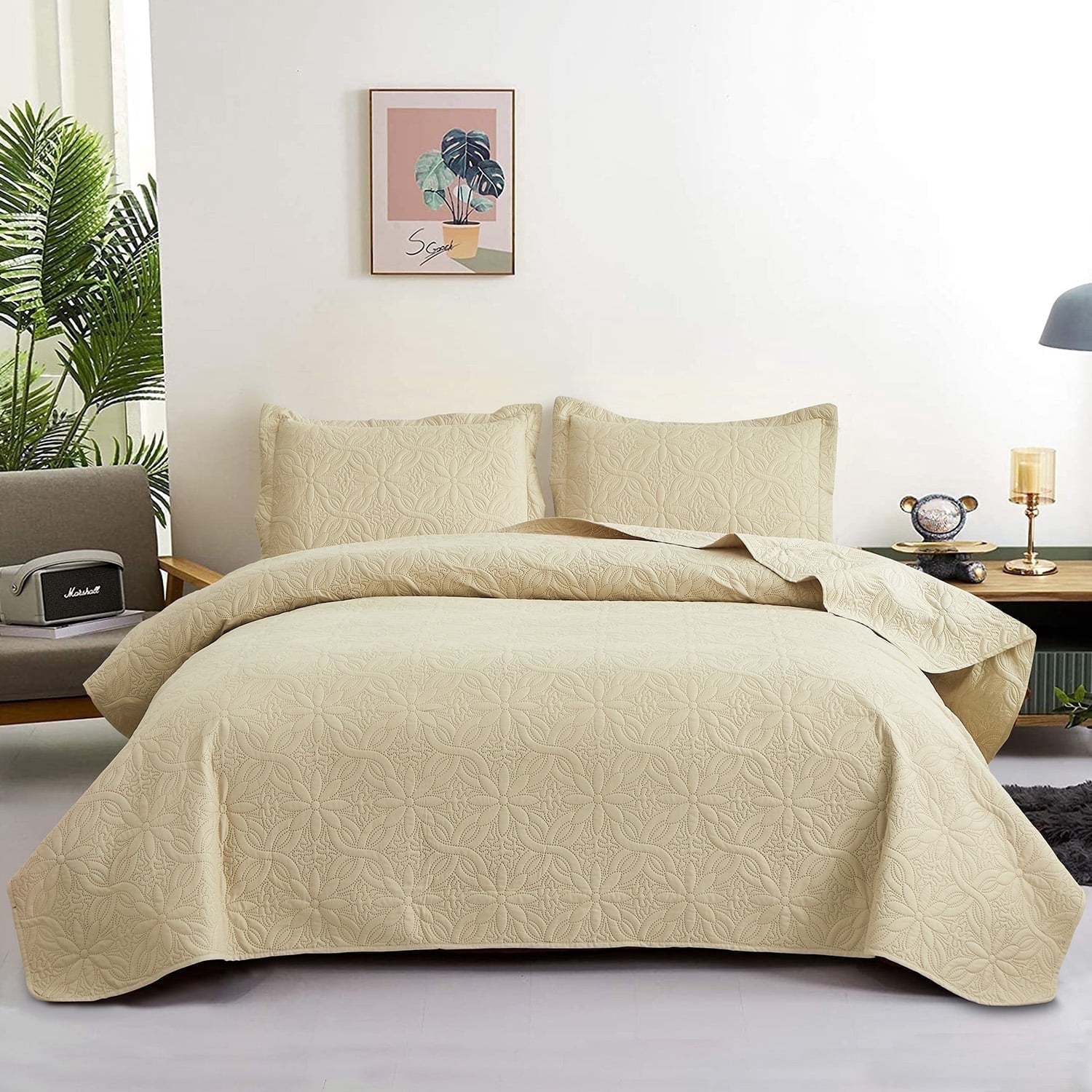 Jessy Home King Size Beige Quilts Lightweight Microfiber Floral Bedspread Coverlet Set