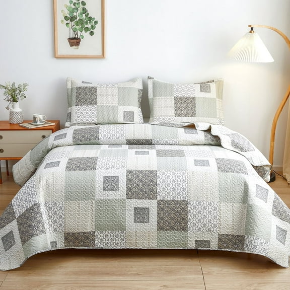 Jessy Home King Size Plaid Bedspread Coverlet Plaid Patchwork Quilt Floral Cream Light Green Microfiber Bedding