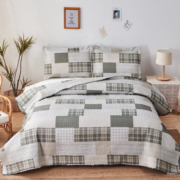 Jessy Home King Size Plaid Bedspread Coverlet Plaid Patchwork Quilt Gray White Microfiber Bedding