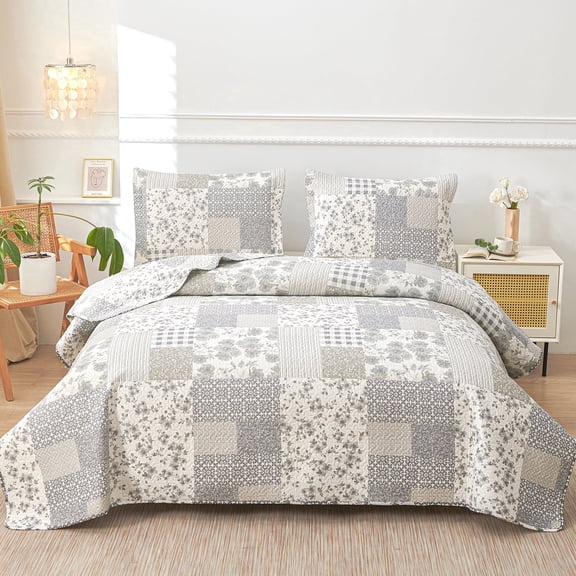 Jessy Home King Size Plaid Bedspread Coverlet Plaid Patchwork Quilt White Floral Colors Microfiber Bedding