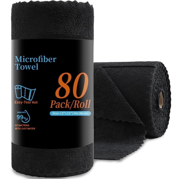 80 Pack Cleaning Cloth Roll Black Reusable Paper Towels 12"×12" Tear Away Microfiber KitchenTowels, Durable Wash Cloths, Lint Free Rags for Kitchen,Window,Cleaning Supplies