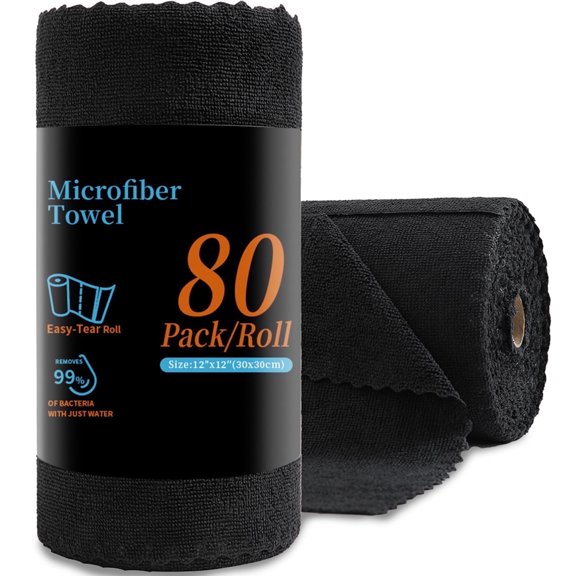 80 Pack Cleaning Cloth Roll Black Reusable Paper Towels 12"×12" Tear Away Cloth, Microfiber Towels for Cars, Wash Cloths, Lint Free Rags for Kitchen,Window,Cleaning Supplies