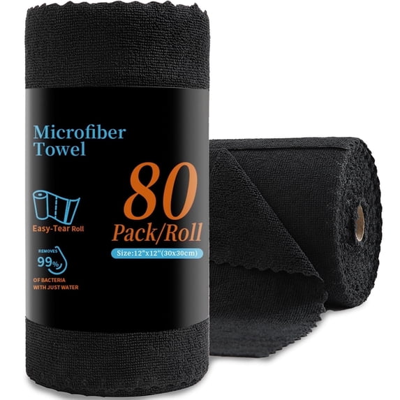 80 Pack Cleaning Cloth Roll Black Reusable Paper Towels 12"×12" Tear Away Cloth, Microfiber Towels for Cars, Wash Cloths, Lint Free Rags for Kitchen,Window,Cleaning Supplies